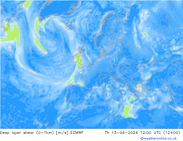 Deep layer shear (0-1km) ECMWF Th 13.06.2024 12 UTC