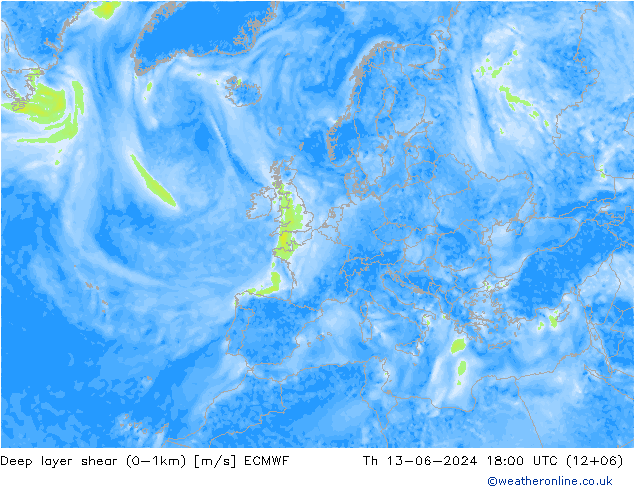 Deep layer shear (0-1km) ECMWF jue 13.06.2024 18 UTC