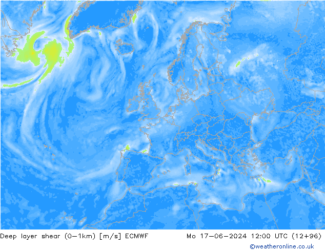 Deep layer shear (0-1km) ECMWF Mo 17.06.2024 12 UTC