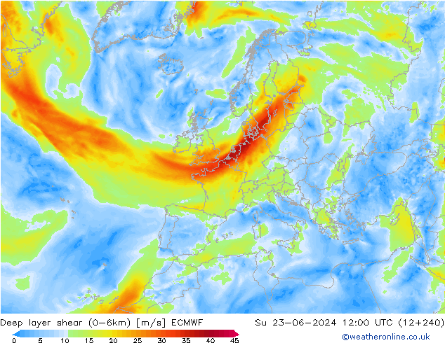 Deep layer shear (0-6km) ECMWF So 23.06.2024 12 UTC