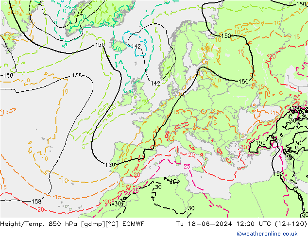 Geop./Temp. 850 hPa ECMWF mar 18.06.2024 12 UTC