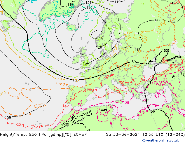 Height/Temp. 850 hPa ECMWF So 23.06.2024 12 UTC