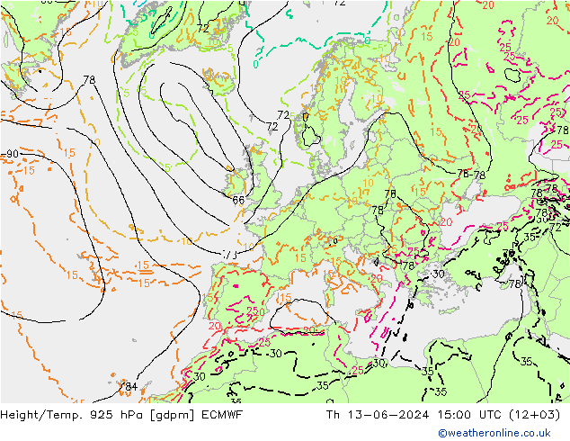 Height/Temp. 925 hPa ECMWF Do 13.06.2024 15 UTC