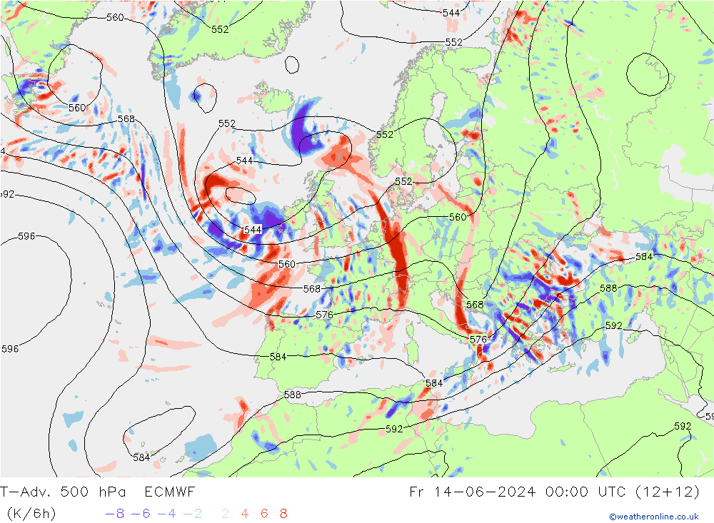 T-Adv. 500 hPa ECMWF Pá 14.06.2024 00 UTC