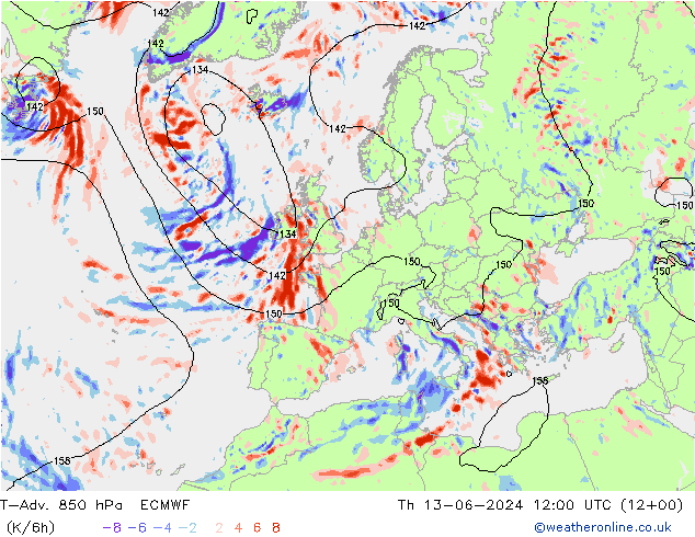 T-Adv. 850 hPa ECMWF gio 13.06.2024 12 UTC