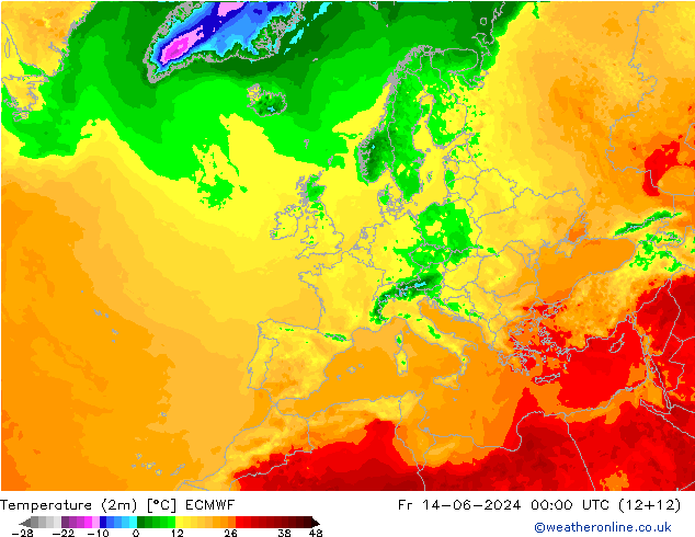 Temperatuurkaart (2m) ECMWF vr 14.06.2024 00 UTC