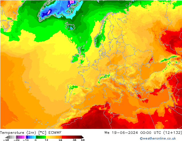 Temperatuurkaart (2m) ECMWF wo 19.06.2024 00 UTC