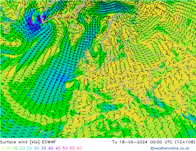 Surface wind ECMWF Út 18.06.2024 00 UTC
