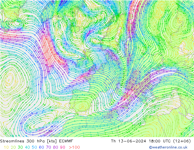 Stromlinien 300 hPa ECMWF Do 13.06.2024 18 UTC