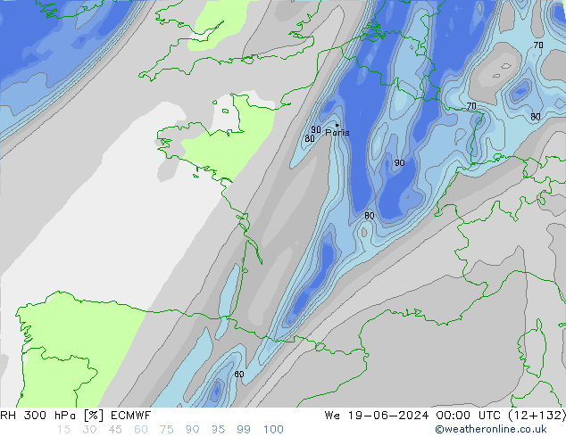 RH 300 гПа ECMWF ср 19.06.2024 00 UTC