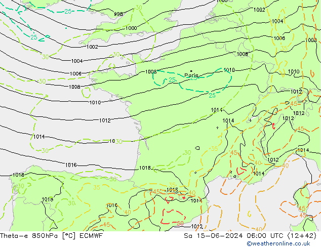 Theta-e 850hPa ECMWF Sáb 15.06.2024 06 UTC