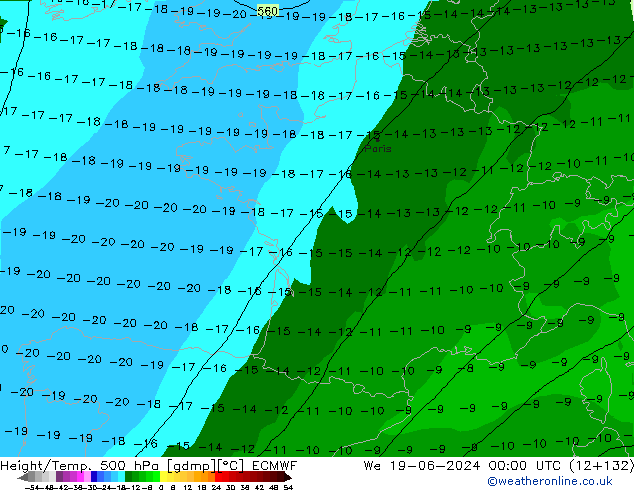 Z500/Yağmur (+YB)/Z850 ECMWF Çar 19.06.2024 00 UTC