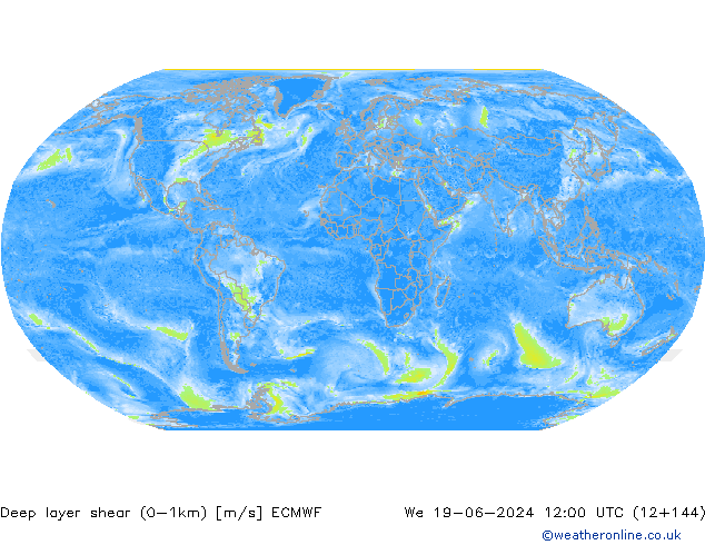 Deep layer shear (0-1km) ECMWF śro. 19.06.2024 12 UTC