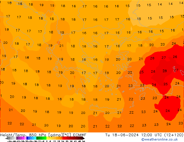 Height/Temp. 850 гПа ECMWF вт 18.06.2024 12 UTC