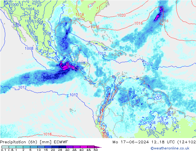 Totale neerslag (6h) ECMWF ma 17.06.2024 18 UTC