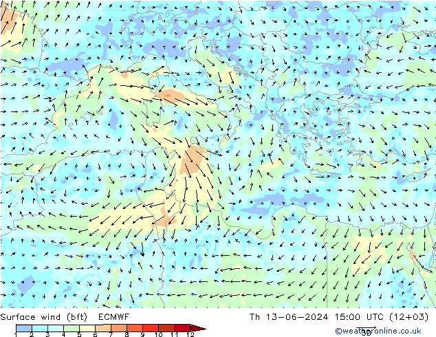 Surface wind (bft) ECMWF Th 13.06.2024 15 UTC