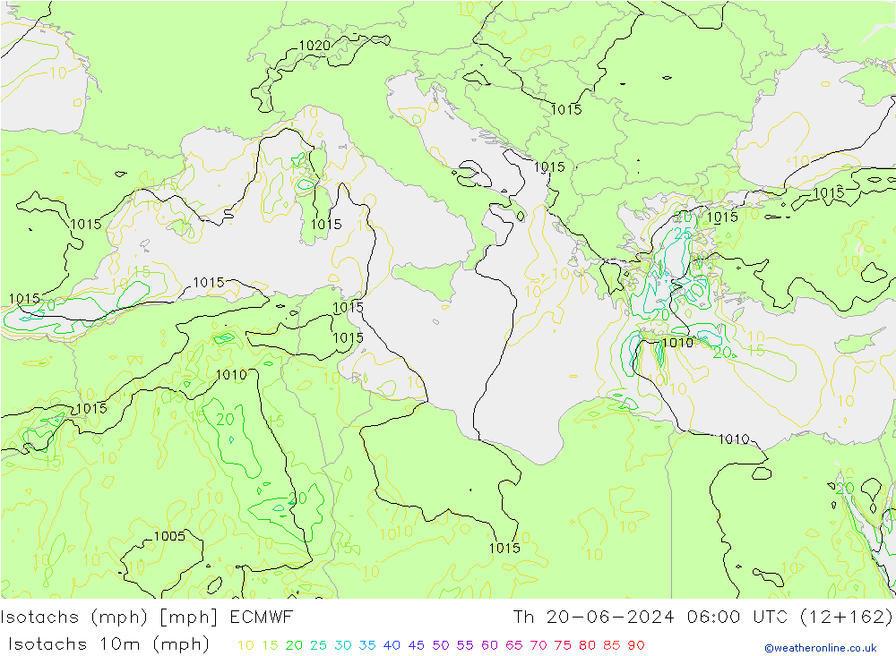 Isotachs (mph) ECMWF Qui 20.06.2024 06 UTC