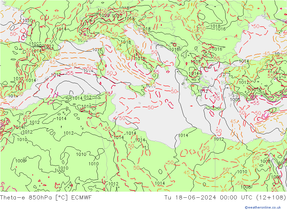 Theta-e 850hPa ECMWF Tu 18.06.2024 00 UTC