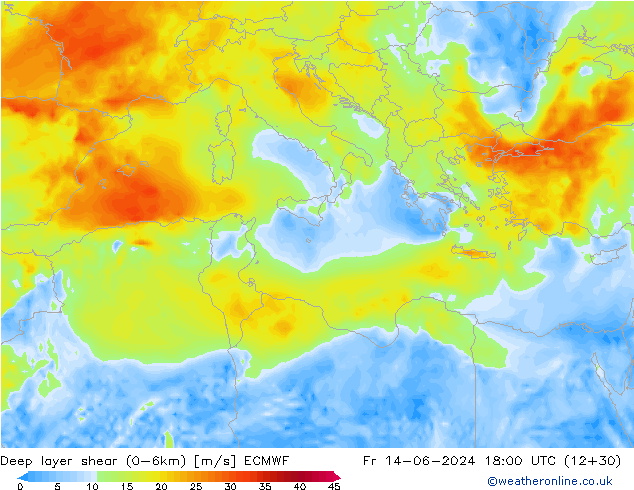 Deep layer shear (0-6km) ECMWF Sex 14.06.2024 18 UTC