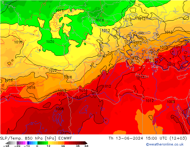 SLP/Temp. 850 hPa ECMWF Th 13.06.2024 15 UTC