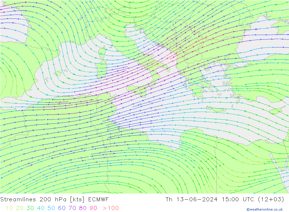 Línea de corriente 200 hPa ECMWF jue 13.06.2024 15 UTC