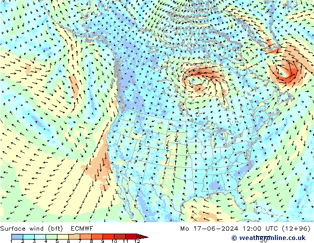 Bodenwind (bft) ECMWF Mo 17.06.2024 12 UTC