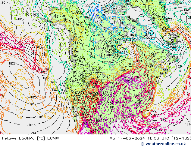 Theta-e 850hPa ECMWF lun 17.06.2024 18 UTC