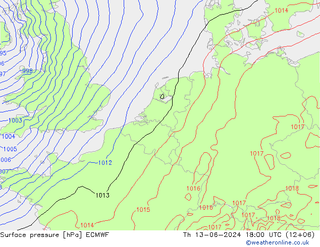 Surface pressure ECMWF Th 13.06.2024 18 UTC