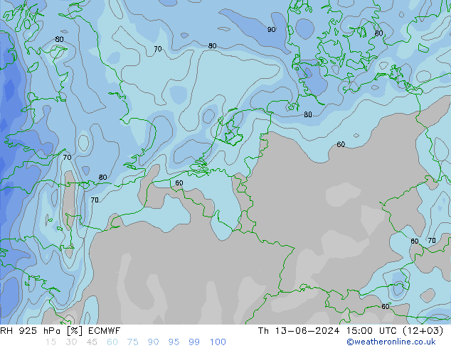 RH 925 hPa ECMWF czw. 13.06.2024 15 UTC