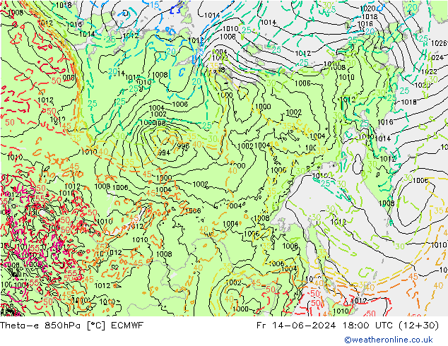 Theta-e 850hPa ECMWF Pá 14.06.2024 18 UTC