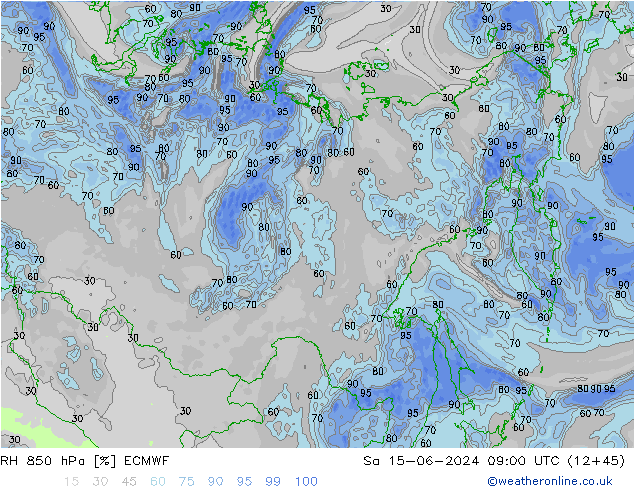 RH 850 hPa ECMWF sab 15.06.2024 09 UTC