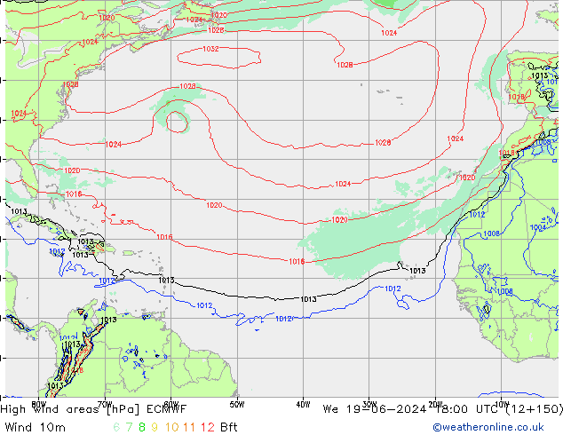 High wind areas ECMWF mié 19.06.2024 18 UTC