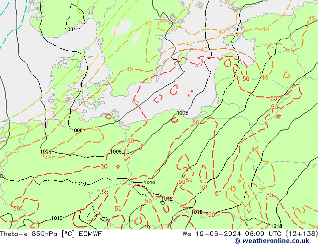 Theta-e 850hPa ECMWF śro. 19.06.2024 06 UTC