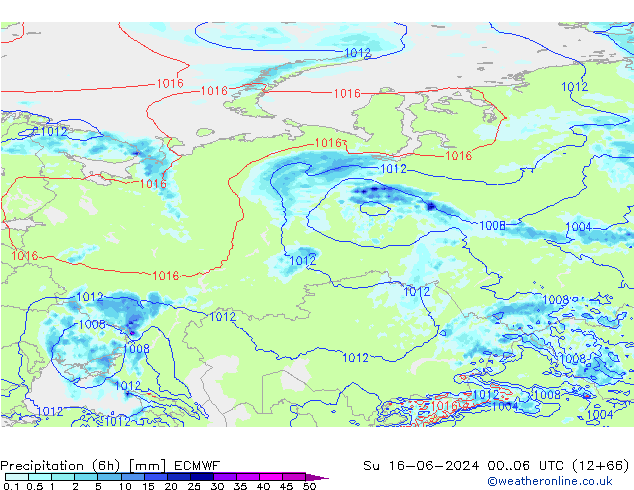 Precipitation (6h) ECMWF Su 16.06.2024 06 UTC