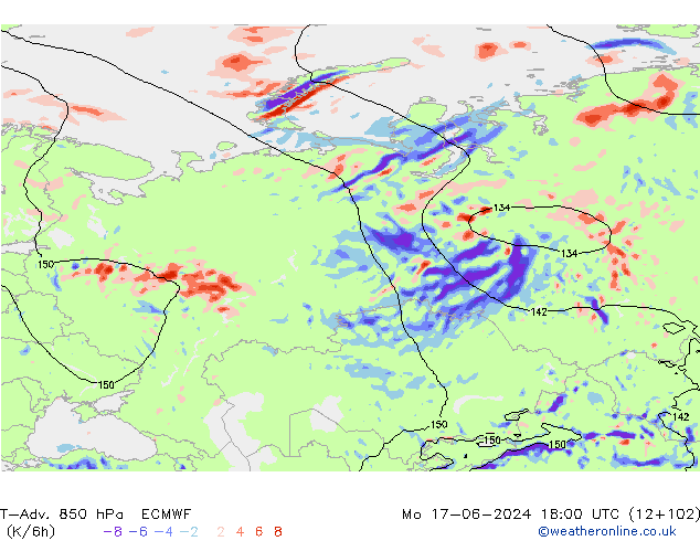 T-Adv. 850 гПа ECMWF пн 17.06.2024 18 UTC