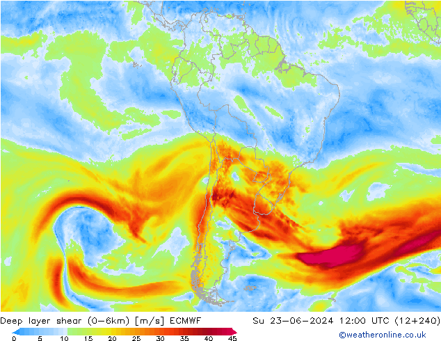 Deep layer shear (0-6km) ECMWF dim 23.06.2024 12 UTC