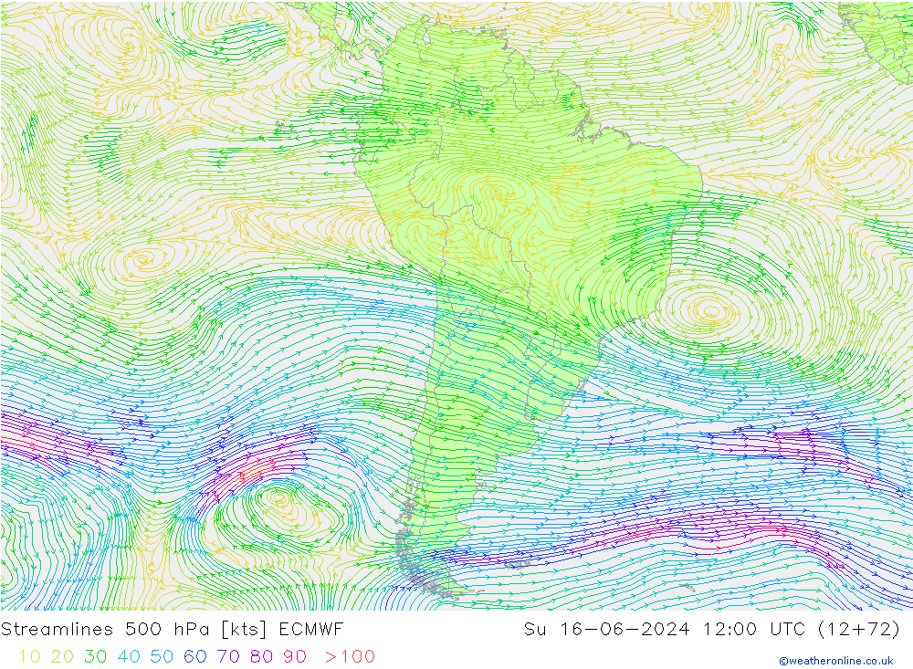 Línea de corriente 500 hPa ECMWF dom 16.06.2024 12 UTC