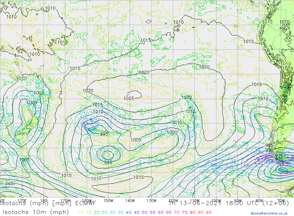 Isotachs (mph) ECMWF Th 13.06.2024 18 UTC