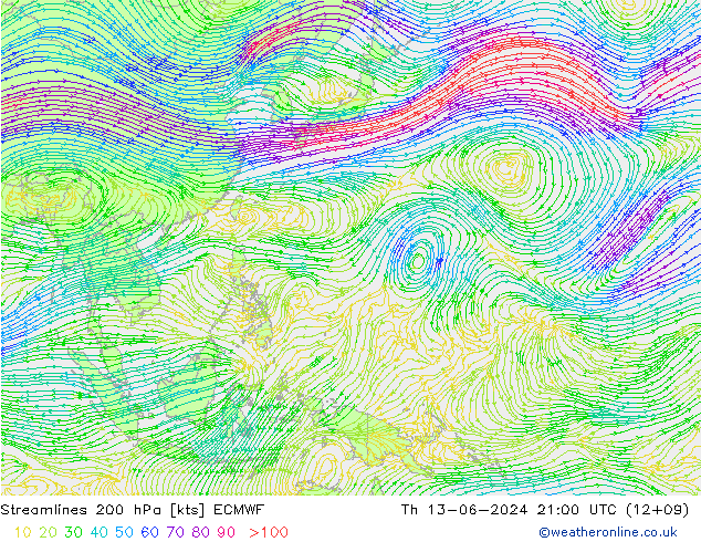 ветер 200 гПа ECMWF чт 13.06.2024 21 UTC