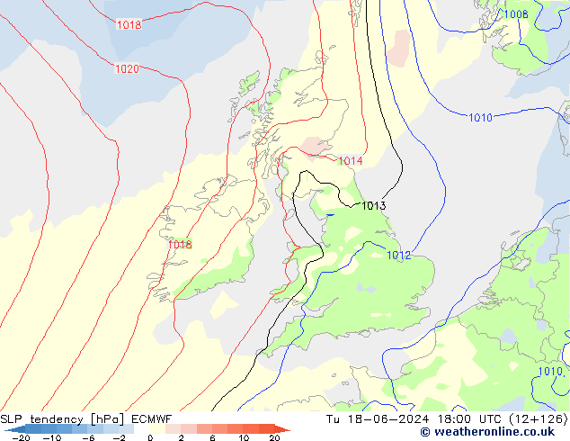 SLP tendency ECMWF Tu 18.06.2024 18 UTC