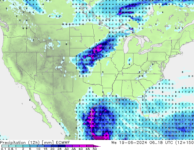 Precipitation (12h) ECMWF We 19.06.2024 18 UTC