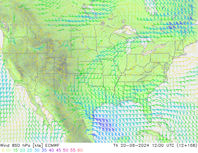 Wind 850 hPa ECMWF Čt 20.06.2024 12 UTC