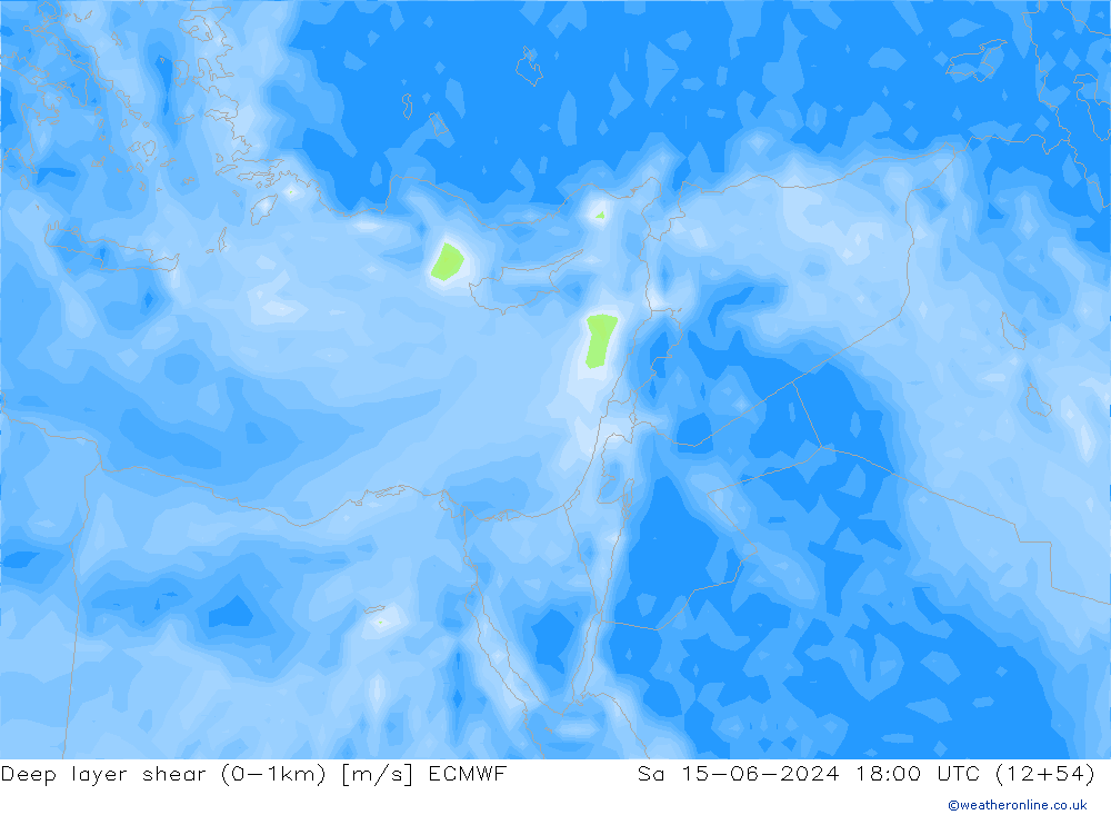 Deep layer shear (0-1km) ECMWF Sa 15.06.2024 18 UTC