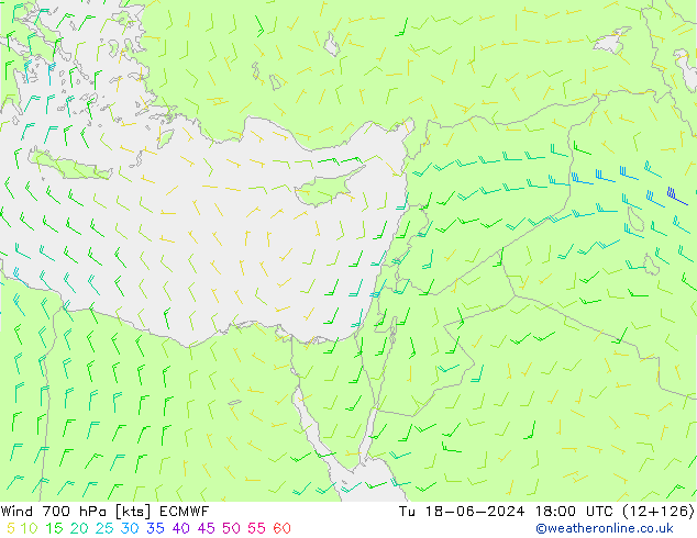 Wind 700 hPa ECMWF Út 18.06.2024 18 UTC