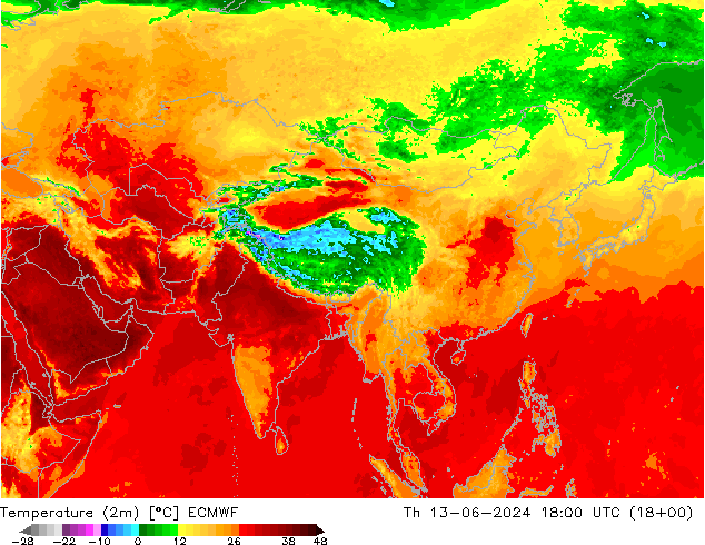 température (2m) ECMWF jeu 13.06.2024 18 UTC