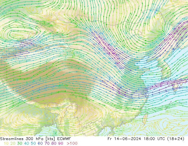 Linia prądu 300 hPa ECMWF pt. 14.06.2024 18 UTC