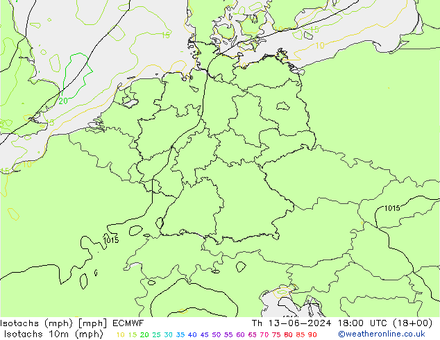 Isotachs (mph) ECMWF Th 13.06.2024 18 UTC