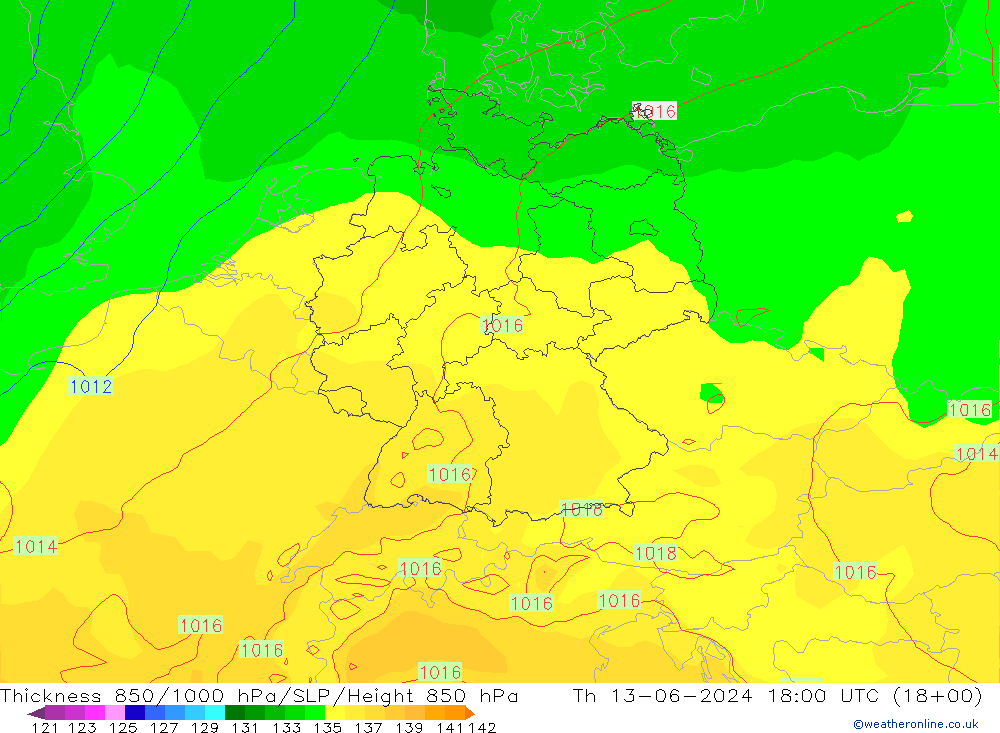 Thck 850-1000 hPa ECMWF Th 13.06.2024 18 UTC