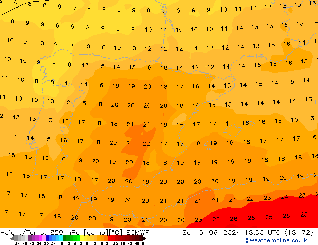 Height/Temp. 850 hPa ECMWF So 16.06.2024 18 UTC