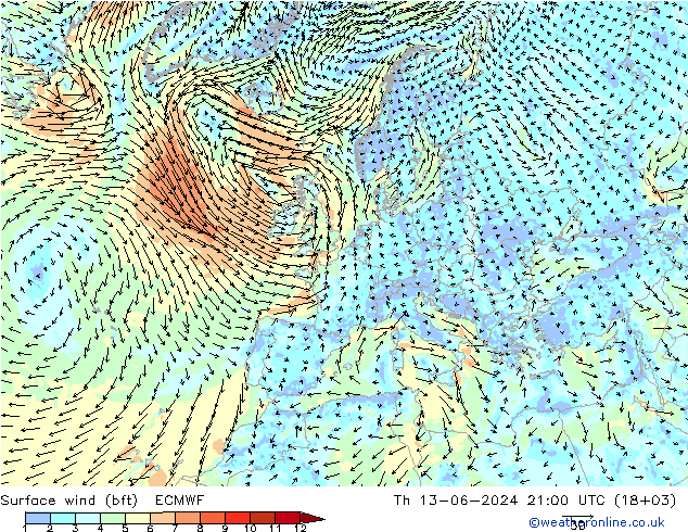 Viento 10 m (bft) ECMWF jue 13.06.2024 21 UTC